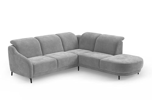 CAVADORE Ecksofa Blue/Eckcouch im modernen Design, inklusiv Kopfteilverstellung, Vorziehsitz motorisch, Klapptisch und mattschwarzen Metallfüßen / 258 x 93 x 249 / Mikrofaser, Mittelgrau von CAVADORE