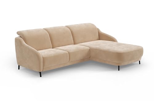 CAVADORE Ecksofa Blue/Moderne Eckcouch mit Longchair, Inkl; kopfteilverstellung, Vorziehsitz motorisch, Klapptisch, USB-Anschluss & mattschwarzen Metallfüßen / 271 x 93 x 191 / Mikrofaser, Hellbraun von CAVADORE