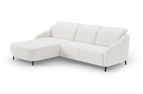 CAVADORE Ecksofa Blue/Moderne Eckcouch mit Longchair, Inkl. Kopfteilverstellung, Vorziehsitz motorisch, Klapptisch, USB-Anschluss und mattschwarzen Metallfüßen / 271 x 93 x 191 / Flachgewebe, Weiß von CAVADORE