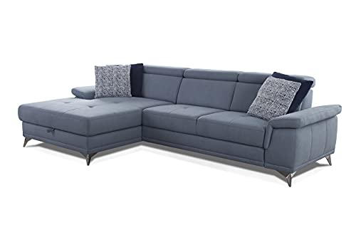 CAVADORE Ecksofa Cardy inkl. Federkern / L-Sofa mit Schlaffunktion, Bettkasten, verstellbaren Armlehnen + Kopfteilen / XL-Recamiere / 289 x 83 x 173 cm / Fleckschutz-Bezug Hellblau von CAVADORE