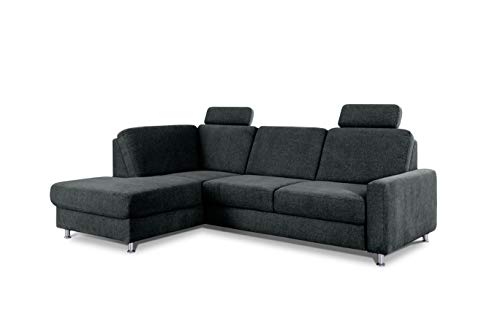 CAVADORE Ecksofa Clint / L-Form Sofa mit Federkern und Ottomane links / Inkl. Schlaffunktion & 2 Kopfstützen / Soft Clean: Leichte Fleckenentfernung / 246 x 86 x 165 / Flachgewebe: Grau von CAVADORE