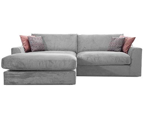 CAVADORE Ecksofa Fiona mit Recamiere Links/Große Eckcouch inkl. Rückenkissen im modernen Design / 277x90x199 / Webstoff Silber von CAVADORE