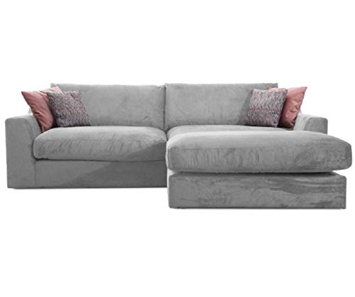 CAVADORE Ecksofa Fiona mit Recamiere rechts/Große Eckcouch inkl. Rückenkissen im modernen Design / 277x90x199 / Webstoff Silber von CAVADORE