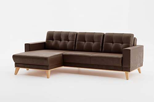 CAVADORE Ecksofa Lima mit Longchair / Couch in L-Form in Wildlederoptik mit Schlaffunktion + Bettkasten / Holzrahmen + Steppung im Rücken / Mikrofaser, Dunkelbraun von CAVADORE