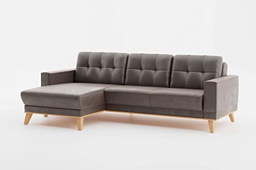 CAVADORE Ecksofa Lima mit Longchair / Couch in L-Form in Wildlederoptik mit Wellenfederung, Holzrahmen + Steppung im Rücken / Mikrofaser, Hellbraun von CAVADORE