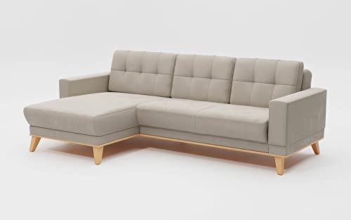 CAVADORE Ecksofa Lima mit Longchair / Couch in L-Form mit Schlaffunktion + Bettkasten / Holzrahmen + Steppung im Rücken / Flachgewebe, Beige von CAVADORE