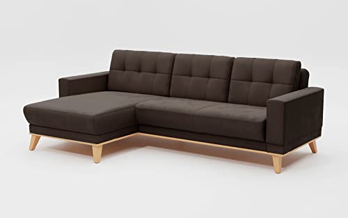 CAVADORE Ecksofa Lima mit Longchair / Couch in L-Form mit Schlaffunktion + Bettkasten / Holzrahmen + Steppung im Rücken / Flachgewebe, Braun von CAVADORE