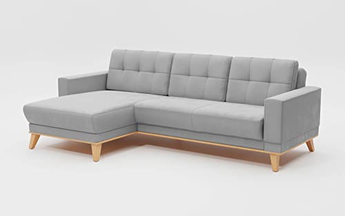 CAVADORE Ecksofa Lima mit Longchair / Couch in L-Form mit Schlaffunktion + Bettkasten / Holzrahmen + Steppung im Rücken / Flachgewebe, Hellgrau von CAVADORE