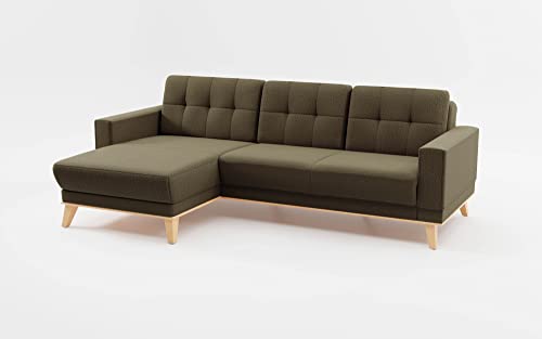 CAVADORE Ecksofa Lima mit Longchair / Couch in L-Form mit Schlaffunktion + Bettkasten / Holzrahmen + Steppung im Rücken / Strukturstoff, Grün von CAVADORE