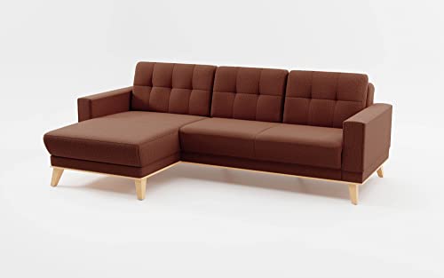 CAVADORE Ecksofa Lima mit Longchair / Couch in L-Form mit Schlaffunktion + Bettkasten / Holzrahmen + Steppung im Rücken / Strukturstoff, Rot-Braun von CAVADORE