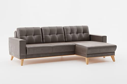 CAVADORE Ecksofa Lima mit Longchair / L-Form-Couch in Wildlederoptik mit Schlaffunktion + Bettkasten / Holzrahmen + Steppung im Rücken / Mikrofaser, Hellbraun von CAVADORE