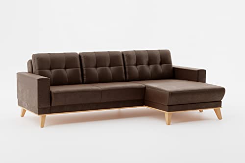 CAVADORE Ecksofa Lima mit Longchair / L-Form-Couch in Wildlederoptik mit Wellenfederung, Holzrahmen + Steppung im Rücken / Mikrofaser, Dunkelbraun von CAVADORE