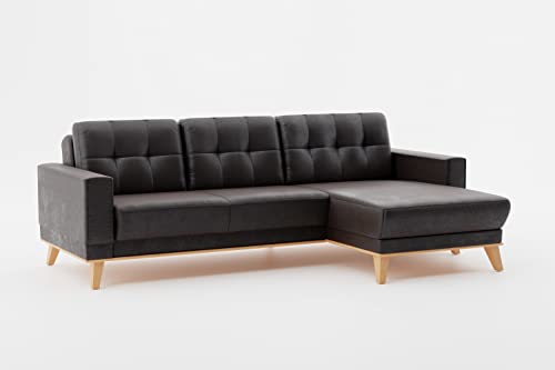 CAVADORE Ecksofa Lima mit Longchair / L-Form-Couch in Wildlederoptik mit Wellenfederung, Holzrahmen + Steppung im Rücken / Mikrofaser, Dunkelgrau von CAVADORE