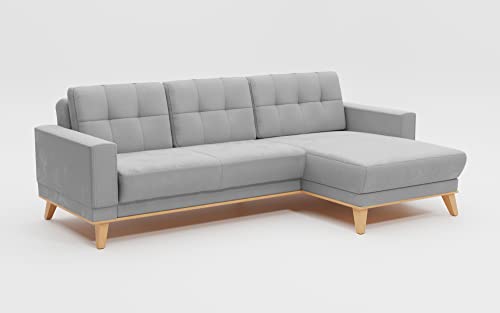 CAVADORE Ecksofa Lima mit Longchair / L-Form-Couch mit Schlaffunktion + Bettkasten / Holzrahmen + Steppung im Rücken / Flachgewebe, Hellgrau von CAVADORE
