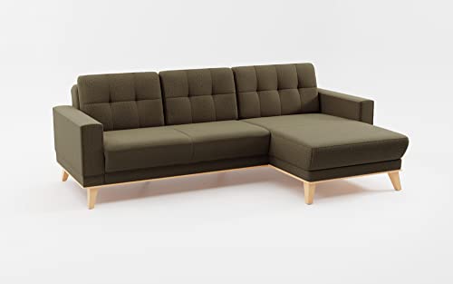 CAVADORE Ecksofa Lima mit Longchair / L-Form-Couch mit Schlaffunktion + Bettkasten / Holzrahmen + Steppung im Rücken / Strukturstoff, Grün von CAVADORE