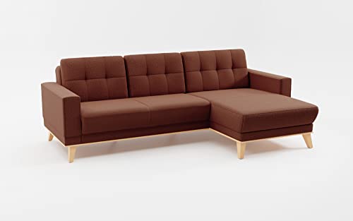 CAVADORE Ecksofa Lima mit Longchair / L-Form-Couch mit Schlaffunktion + Bettkasten / Holzrahmen + Steppung im Rücken / Strukturstoff, Rot-Braun von CAVADORE