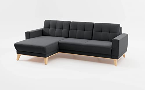 CAVADORE Ecksofa Lima mit Longchair / Couch in L-Form mit Schlaffunktion + Bettkasten / Holzrahmen + Steppung im Rücken / Strukturstoff, Dunkelgrau von CAVADORE