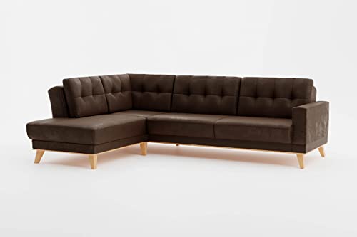 CAVADORE Ecksofa Lima mit Ottomane / Couch in L-Form in Wildlederoptik mit Wellenfederung, Holzrahmen + Steppung im Rücken / Mikrofaser, Dunkelbraun von CAVADORE