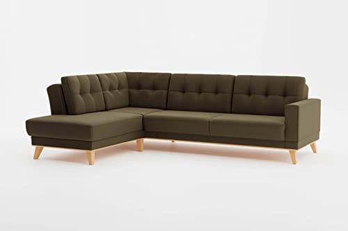 CAVADORE Ecksofa Lima mit Ottomane / Couch in L-Form mit Schlaffunktion + Bettkasten / Holzrahmen + Steppung im Rücken / Strukturstoff, Grün von CAVADORE