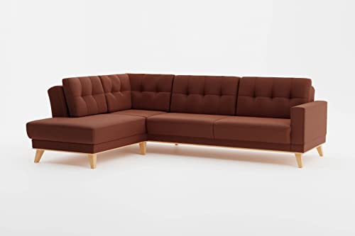 CAVADORE Ecksofa Lima mit Ottomane / Couch in L-Form mit Wellenfederung, Holzrahmen + Steppung im Rücken / Strukturstoff, Rot-Braun von CAVADORE