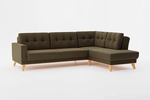 CAVADORE Ecksofa Lima mit Ottomane / L-Form-Couch mit Schlaffunktion + Bettkasten / Holzrahmen + Steppung im Rücken / Strukturstoff, Grün von CAVADORE