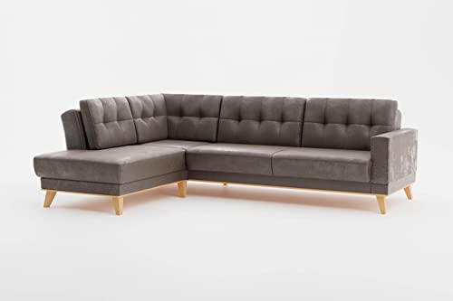 CAVADORE Ecksofa Lima mit Ottomane / Couch in L-Form in Wildlederoptik mit Schlaffunktion + Bettkasten / Holzrahmen + Steppung im Rücken / Mikrofaser, Hellbraun von CAVADORE