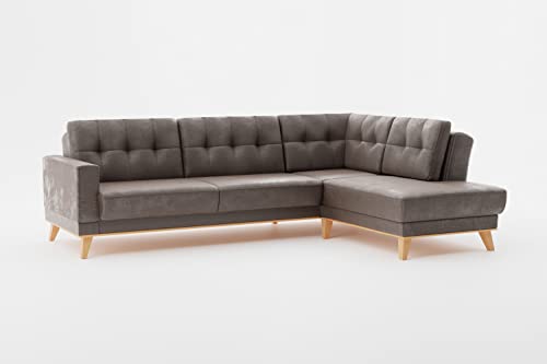 CAVADORE Ecksofa Lima mit Ottomane / L-Form-Couch in Wildlederoptik mit Schlaffunktion + Bettkasten / Holzrahmen + Steppung im Rücken / Mikrofaser, Hellbraun von CAVADORE