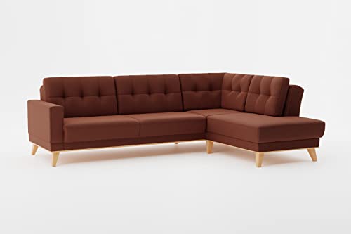 CAVADORE Ecksofa Lima mit Ottomane / L-Form-Couch mit Schlaffunktion + Bettkasten / Holzrahmen + Steppung im Rücken / Strukturstoff, Rot-Braun von CAVADORE