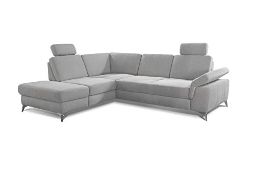 CAVADORE Ecksofa Pavia mit Federkern / Eckcouch inkl. Kopfstützen, Sitztiefenverstellung & verstellbarem Armteil / 282 x 89 x 230 / Chenille: Hellgrau von CAVADORE