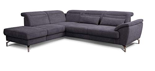 CAVADORE Ecksofa Pierce / Trendige Sofaecke mit Ottomane links & Federkern / Inkl. Sitztiefen- & Kopfteilverstellung / 270 x 80 x 235 / Flachgewebe: blau-grau von CAVADORE