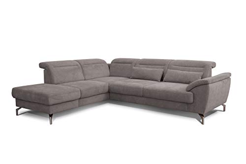 CAVADORE Ecksofa Pierce / Trendige Sofaecke mit Ottomane links & Federkern / Inkl. Sitztiefen- & Kopfteilverstellung / 270 x 80 x 235 / Flachgewebe: grau von CAVADORE