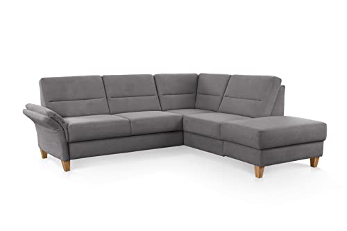 CAVADORE Ecksofa Wyk mit Federkern / Eckcouch im Landhaus-Stil mit Ottomane und Holzfüßen / 238 x 90 x 213 / Jacquard, Grau von CAVADORE