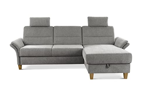 CAVADORE Ecksofa Wyk mit Federkern / Schlafsofa im Landhaus-Stil mit Longchair, Bett, Bettkasten, Armteilfunktion + 2 Kopfstützen / 252 x 90 x 162 / Chenille, Hellgrau von CAVADORE