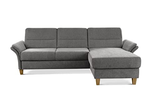 CAVADORE Ecksofa Wyk mit Federkern / Schlafsofa im Landhaus-Stil mit Longchair, Bett, Bettkasten + Armteilfunktion / 252 x 90 x 162 / Chenille, Grau von CAVADORE