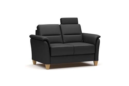 CAVADORE Leder 2er-Sofa Palera / Landhaus-Couch mit Federkern, Kopfstütze + massiven Holzfüßen / 149 x 89 x 89 / Leder Schwarz von CAVADORE