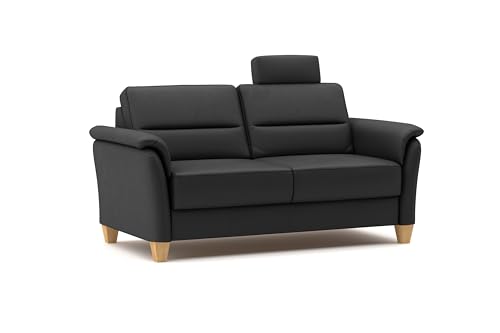 CAVADORE Leder 3er-Sofa Palera / Landhaus-Couch mit Federkern, Kopfstütze + massiven Holzfüßen / 179 x 89 x 89 / Leder Schwarz von CAVADORE