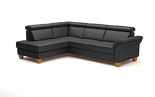 CAVADORE Leder-Eckcouch Ammerland mit Ottomane / Landhaus-Sofa mit Federkern + Kopfteilverstellung / 245 x 84 x 194 / Leder Schwarz von CAVADORE