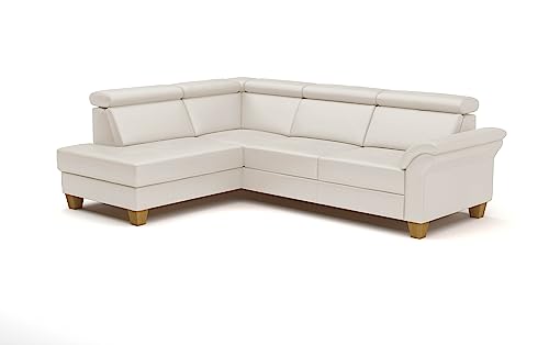 CAVADORE Leder-Eckcouch Ammerland mit Ottomane / Landhaus-Sofa mit Federkern + Kopfteilverstellung / 245 x 84 x 194 / Leder Weiß von CAVADORE