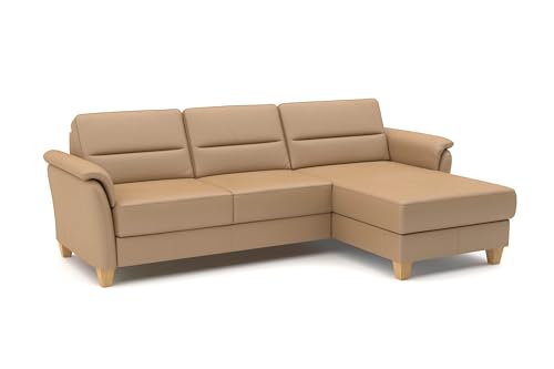 CAVADORE Leder-Eckcouch Palera mit Longchair / Landhaus-Sofa mit Federkern, Schlaffunktion + Bettkasten / 244 x 89 x 163 / Leder Beige von CAVADORE