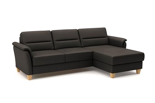 CAVADORE Leder-Eckcouch Palera mit Longchair / Landhaus-Sofa mit Federkern, Schlaffunktion + Bettkasten / 244 x 89 x 163 / Leder Dunkelbraun von CAVADORE