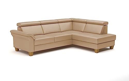 CAVADORE Leder-Ecksofa Ammerland mit Ottomane / Landhaus-Sofa mit Federkern + Kopfteilverstellung / 245 x 84 x 194 / Leder Beige von CAVADORE