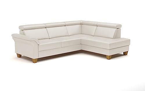 CAVADORE Leder-Ecksofa Ammerland mit Ottomane / Landhaus-Sofa mit Federkern + Kopfteilverstellung / 245 x 84 x 194 / Leder Weiß von CAVADORE