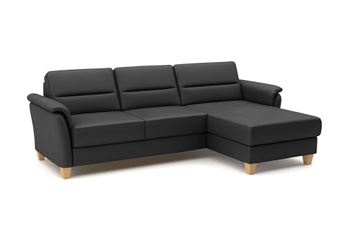 CAVADORE Leder-Ecksofa Palera mit Longchair / Landhaus-Couch mit Federkern, Schlaffunktion + Bettkasten / 244 x 89 x 163 / Leder Schwarz von CAVADORE