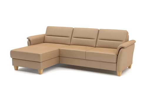 CAVADORE Leder-Ecksofa Palera mit Longchair / Landhaus-Couch mit Federkern + massiven Holzfüßen / 244 x 89 x 163 / Leder Beige von CAVADORE