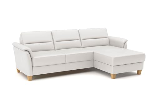 CAVADORE Leder-Ecksofa Palera mit Longchair / Landhaus-Couch mit Federkern + massiven Holzfüßen / 244 x 89 x 163 / Leder Weiß von CAVADORE