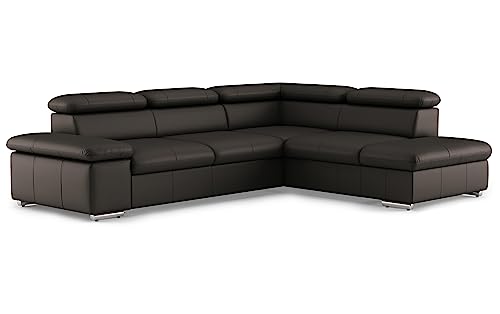 CAVADORE Leder-Ecksofa Valerie mit Ottomane / Eckcouch mit Kopfteilverstellung + Metallfüßen / 272 x 73 x 226 / Echtleder Dunkelbraun von CAVADORE