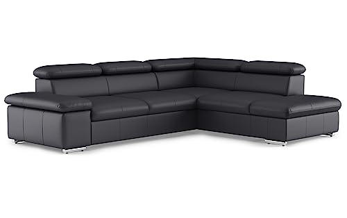 CAVADORE Leder-Ecksofa Valerie mit Ottomane / Eckcouch mit Kopfteilverstellung + Metallfüßen / 272 x 73 x 226 / Echtleder Schwarz von CAVADORE