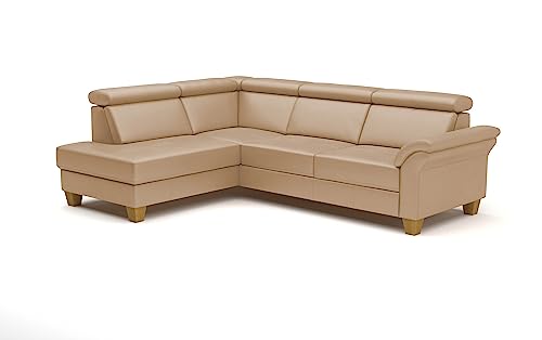 CAVADORE Leder-Schlafcouch Ammerland mit Ottomane / Landhaus-Sofa mit Federkern, Bett, Bettkasten + Kopfteilverstellung / 245 x 84 x 194 / Leder Beige von CAVADORE