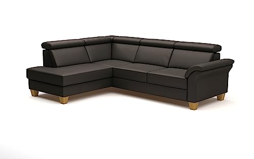 CAVADORE Leder-Schlafcouch Ammerland mit Ottomane / Landhaus-Sofa mit Federkern, Bett, Bettkasten + Kopfteilverstellung / 245 x 84 x 194 / Leder Dunkelbraun von CAVADORE