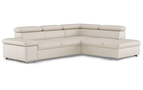 CAVADORE Leder-Schlafsofa Valerie mit Ottomane / Eckcouch mit Schlaffunktion + Kopfteilverstellung / 272 x 73 x 226 / Echtleder Weiß von CAVADORE